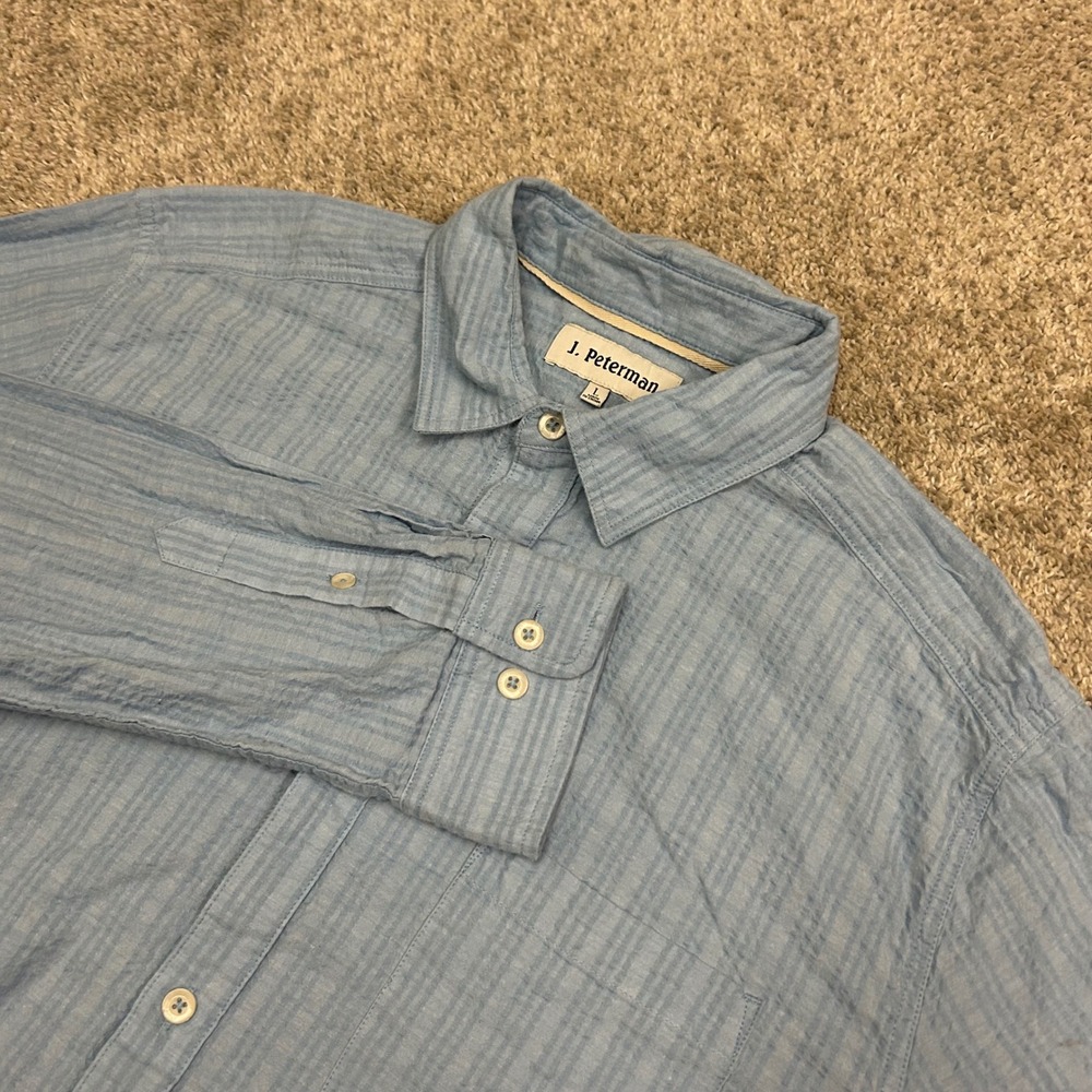 J. Peterman Button Up Shirt Large Blue Seersucker Cotton Long Sleeve Mens